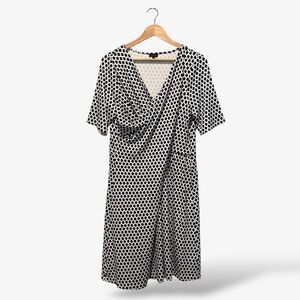 Talbots Knit Dress Black White Sheath Faux Wrap Ruched Draped, Size XL